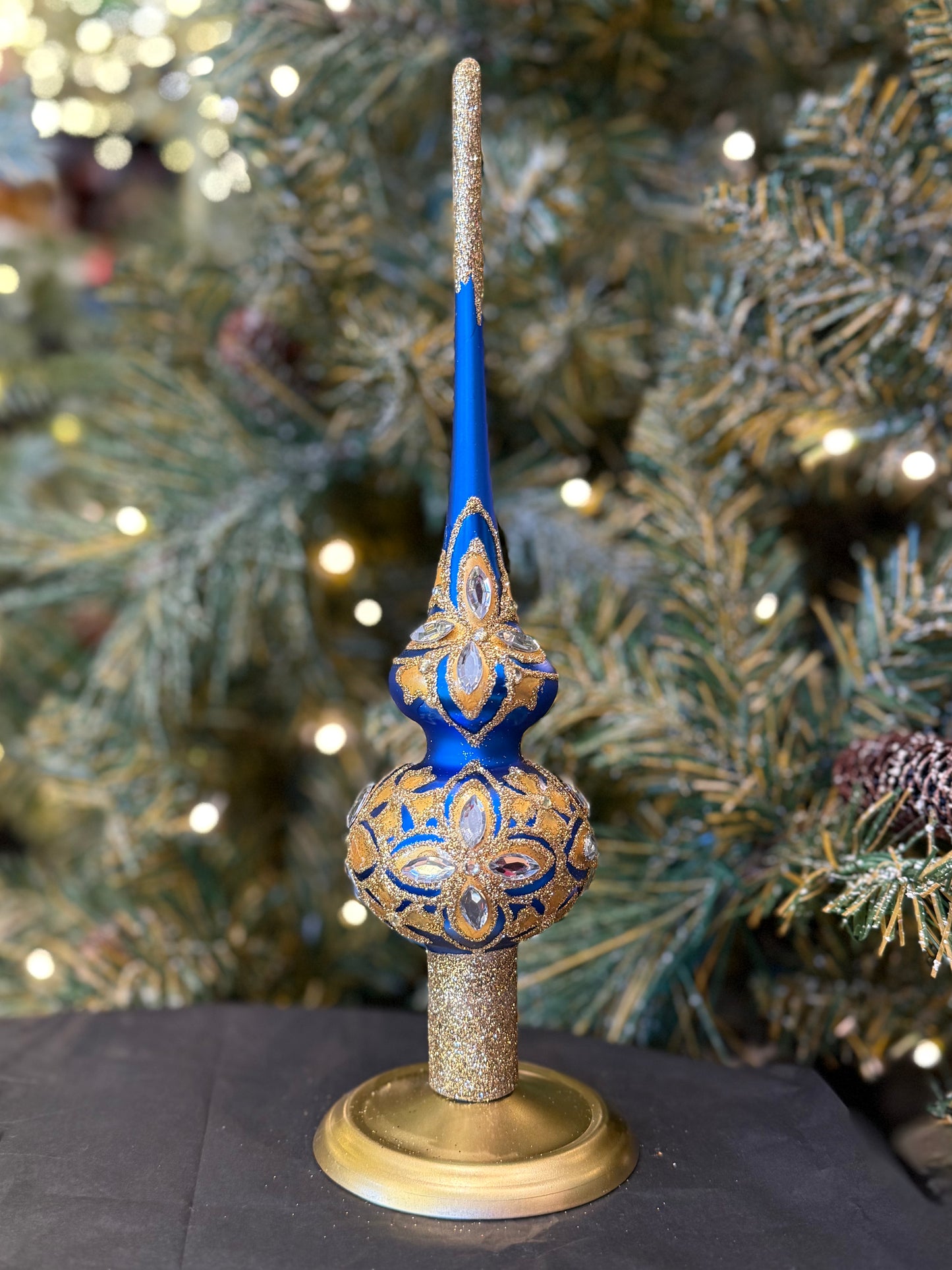Diamond Stars on Blue and Gold Glass Finial Tree Topper