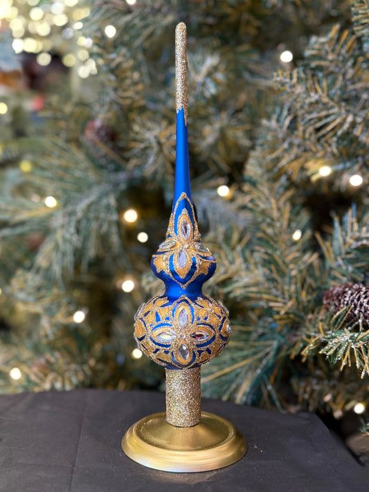 Diamond Stars on Blue and Gold Glass Finial Tree Topper BB-399