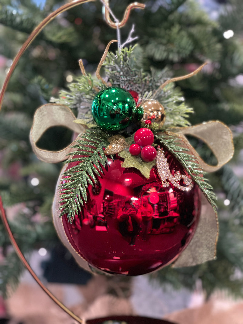 MARK ROBERTS FLORAL JEWELED SHINY RED 6 INCH ROUND ORNAMENT 36-54314