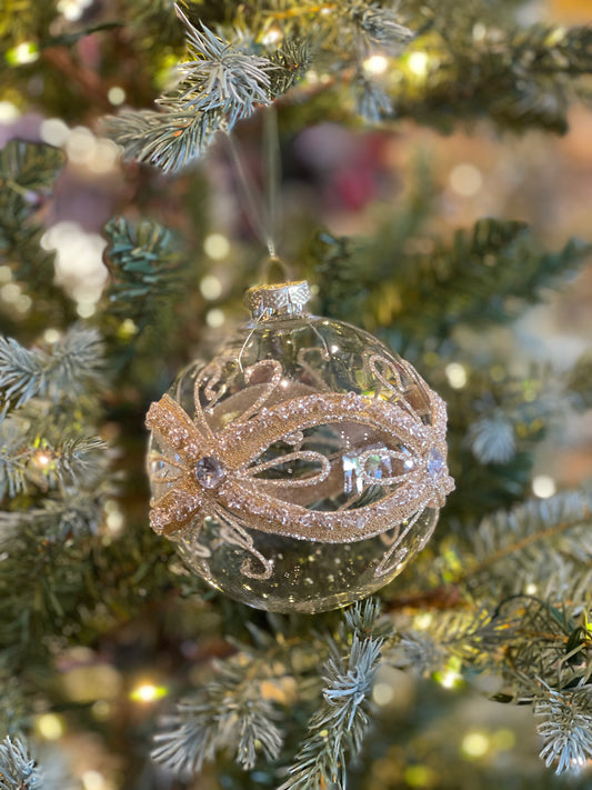 CLEAR WITH GOLD MASQUERADE DETAIL ROUND GLASS HANGING ORNAMENT FCI314
