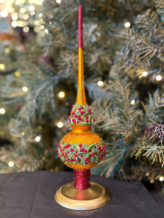 Poinsettia Flowers with Pearls Glass Finial Tree Topper BB-316