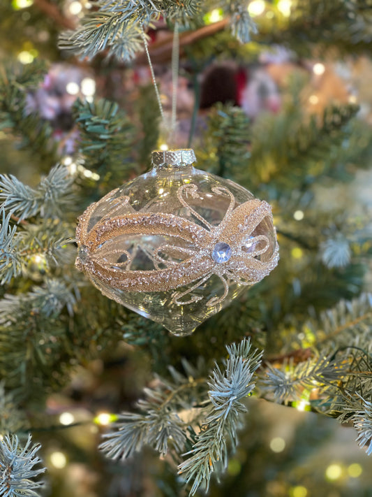 CLEAR WITH GOLD MASQUERADE ONION GLASS HANGING ORNAMENT FCI315