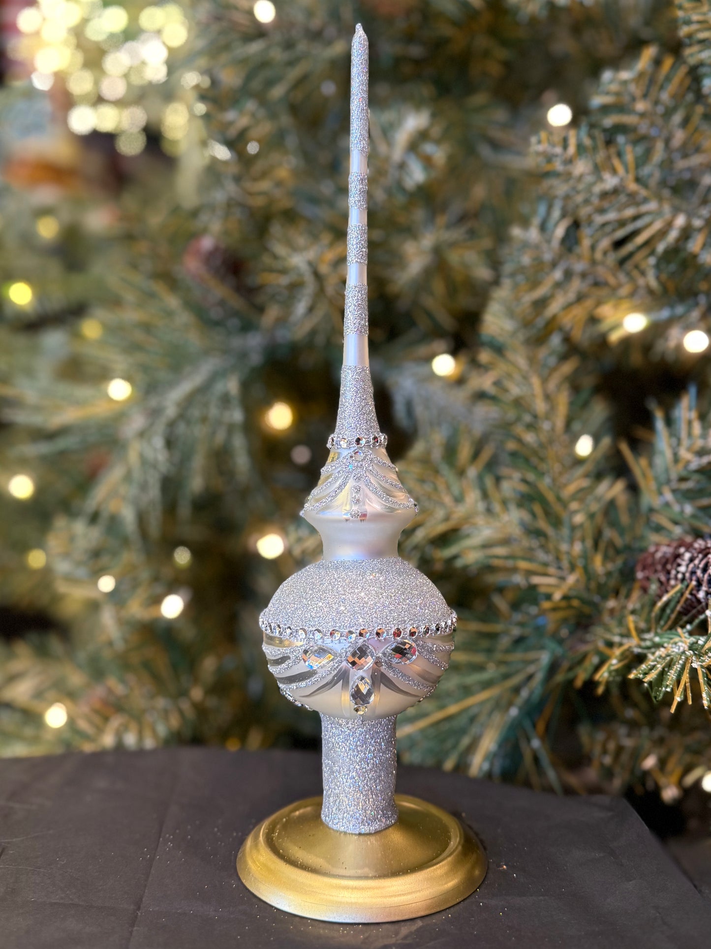 Dimensional White Jewels on White Glass Finial Tree Topper