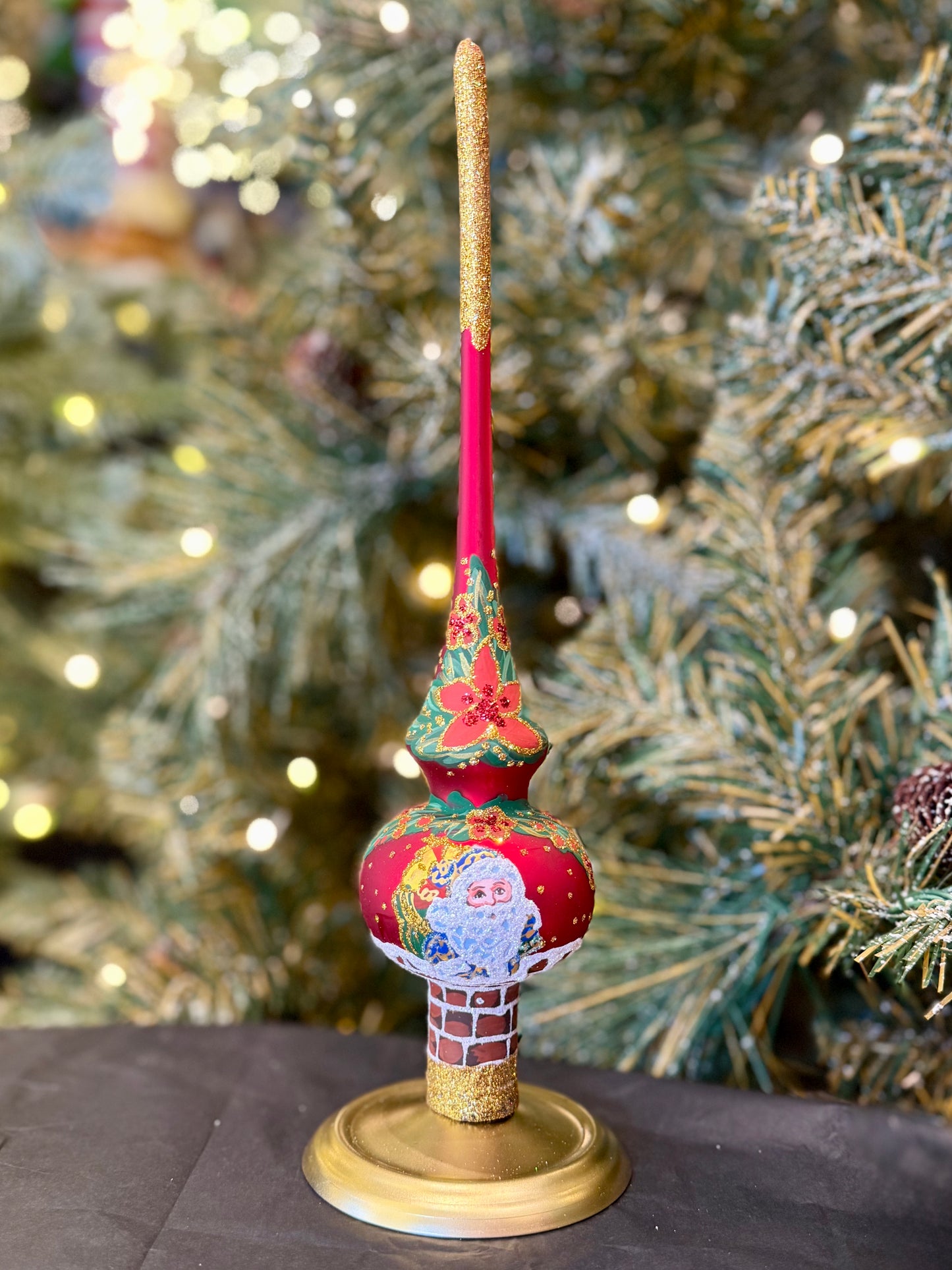 Santa in Chimney & Poinsettia Glass Christmas Tree Topper