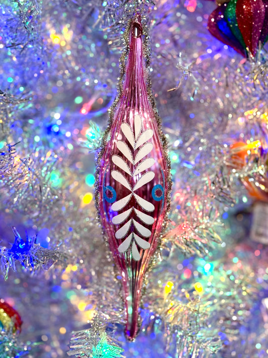 PINK RETRO LONG TEARDROP ORNAMENT 4220030