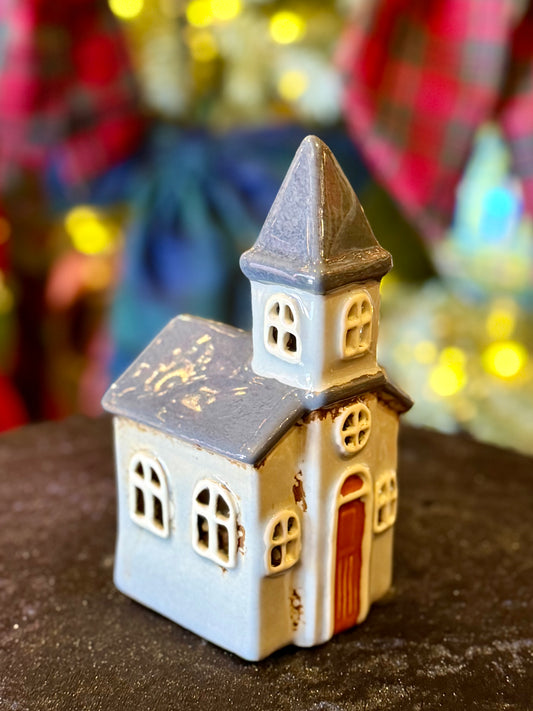 STONEWARE TEALIGHT - SMALL GREY CHURCH LH149