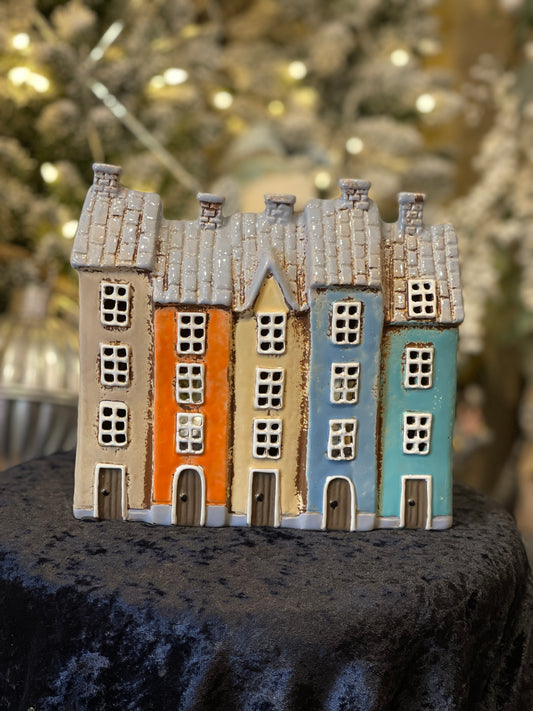STONEWARE VILLAGE TEALIGHT HOUSE - COLOUR ROW OF FIVE HOUSES LH114