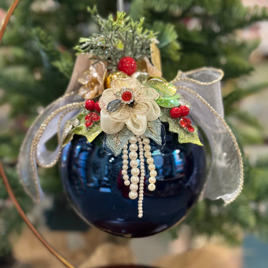 MARK ROBERTS FLORAL JEWELED SHINY DARK BLUE 6.5 INCH ROUND ORNAMENT 36-54304