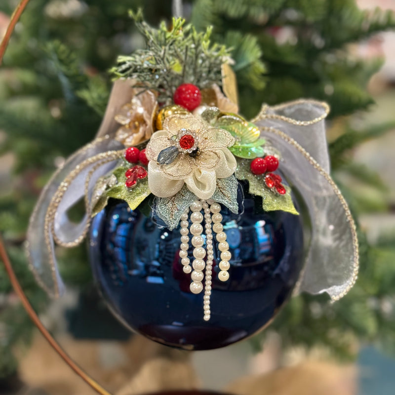 MARK ROBERTS FLORAL JEWELED SHINY DARK BLUE 6.5 INCH ROUND ORNAMENT 36-54304