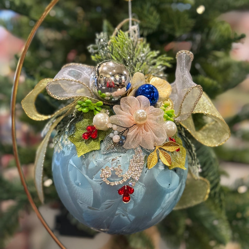 MARK ROBERTS FLORAL JEWELED FROSTED LIGHT BLUE 6 INCH ROUND ORNAMENT 36-54306