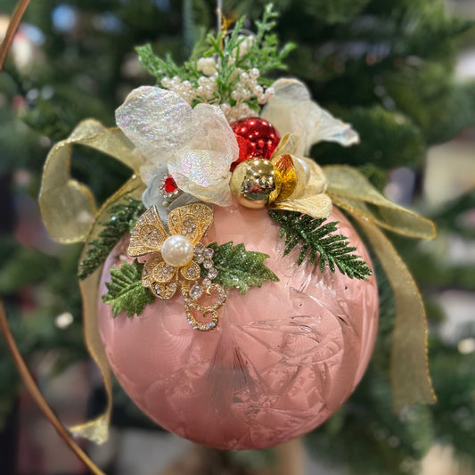 MARK ROBERTS FLORAL JEWELED FROSTED PINK 6 INCH ROUND ORNAMENT 36-54312