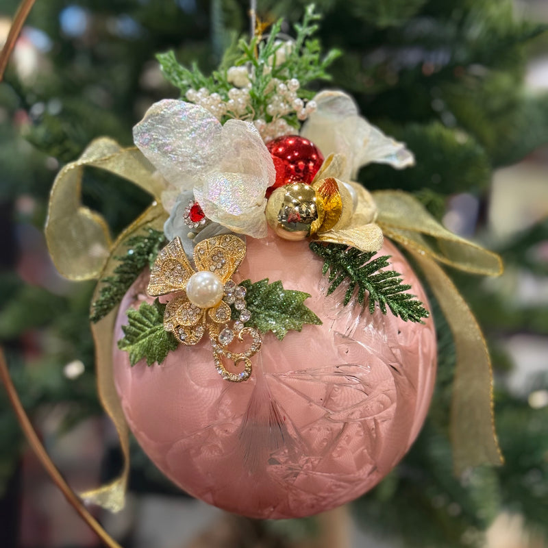 MARK ROBERTS FLORAL JEWELED FROSTED PINK 6 INCH ROUND ORNAMENT 36-54312