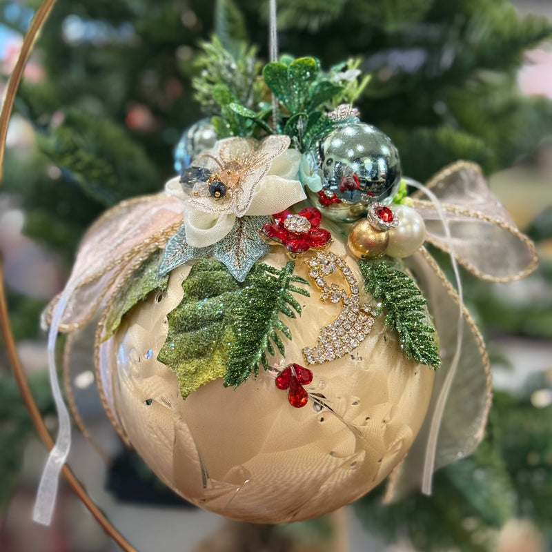 MARK ROBERTS FLORAL JEWELED FROSTED GOLD 6.5 INCH ROUND ORNAMENT 36-54310