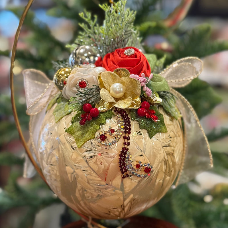 MARK ROBERTS FLORAL JEWELED FROSTED GOLD 8 INCH ROUND ORNAMENT 36-54330