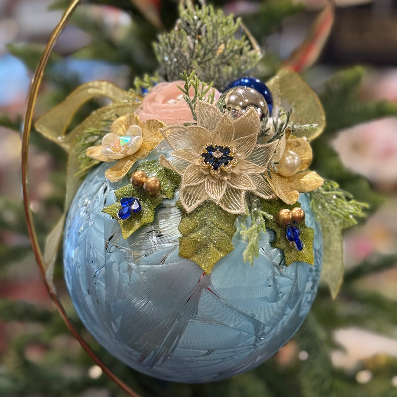 MARK ROBERTS FLORAL JEWELED FROSTED LIGHT BLUE 8 INCH ROUND ORNAMENT 36-54326