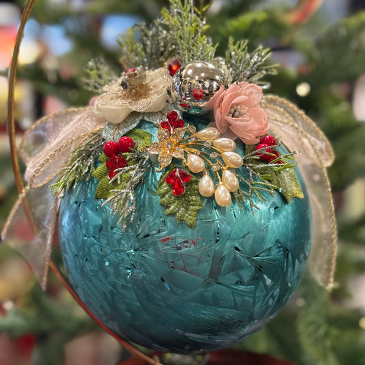 MARK ROBERTS FLORAL JEWELED FROSTED AQUA BLUE ROUND 7 INCH ORNAMENT 36-54300