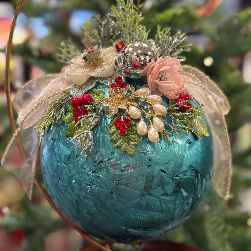 MARK ROBERTS FLORAL JEWELED FROSTED AQUA BLUE ROUND 7 INCH ORNAMENT 36-54300