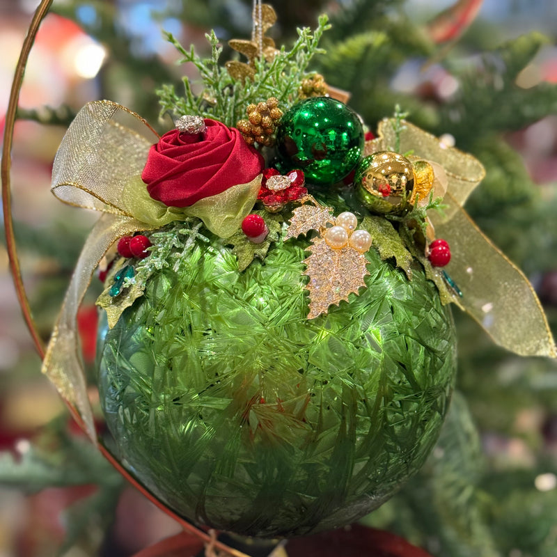 MARK ROBERTS FLORAL JEWELED FROSTED DARK GREEN 8 INCH ROUND ORNAMENT 36-54328