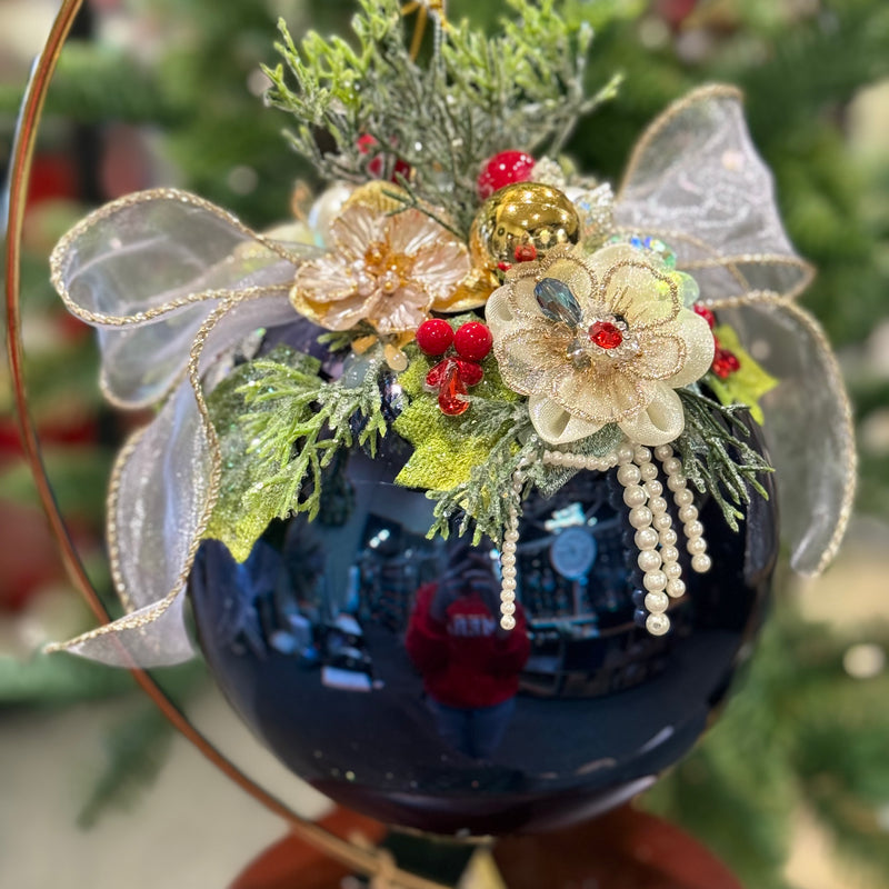 MARK ROBERTS FLORAL JEWELED SHINY DARK BLUE 7.5 INCH ROUND ORNAMENT 36-54324