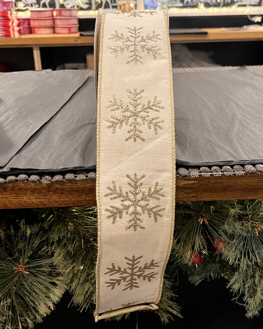 NATURAL WITH CHAMPAGNE SNOW FLAKE 2.5 INCH RIBBON ROM003