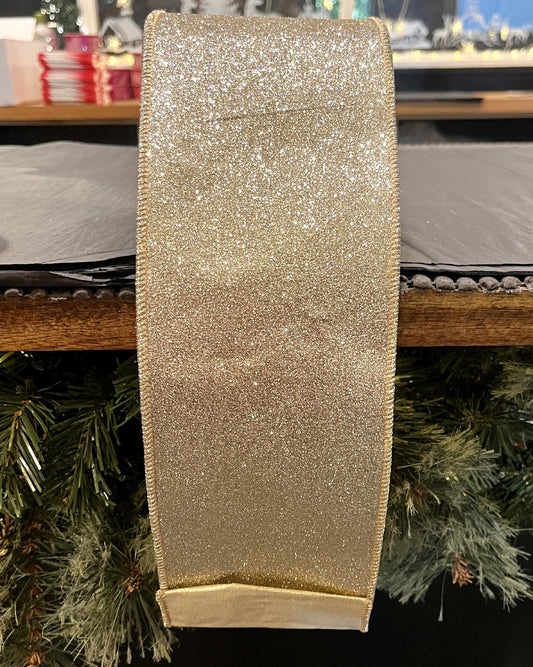 CHAMPAGNE GOLD GLITTER 4 INCH WIRE EDGED RIBBON ROM101