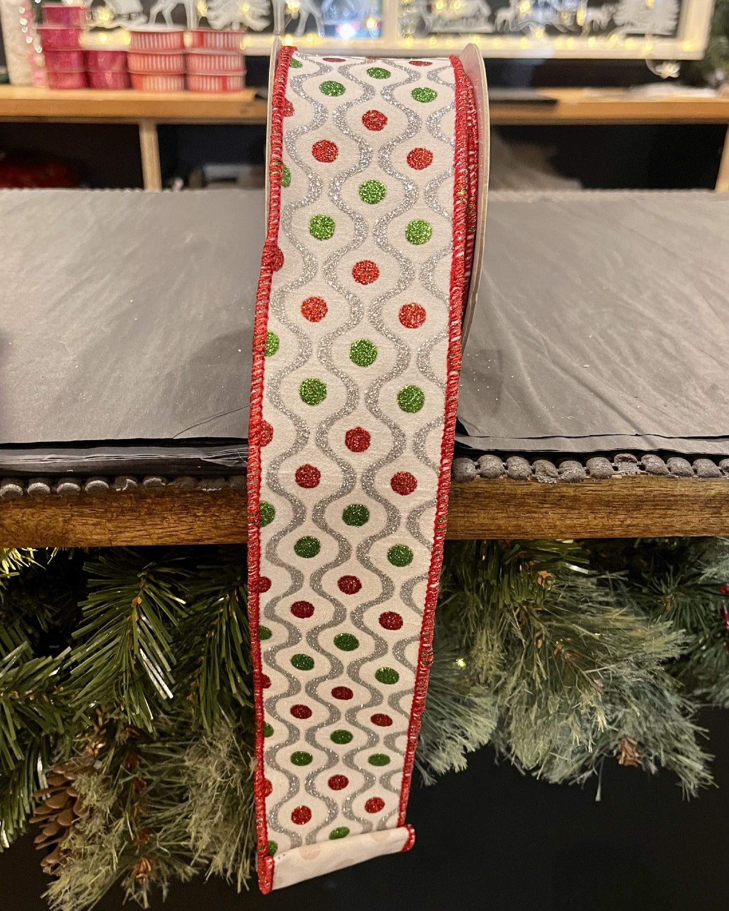 WHITE WITH RED GREEN GOLD PATTERN 2.5 INCH RIBBON ROM044