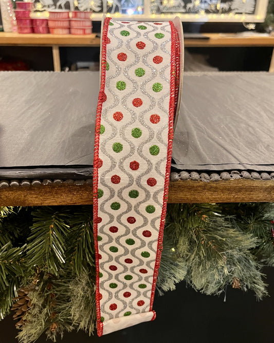 WHITE WITH RED GREEN GOLD PATTERN 2.5 INCH RIBBON ROM044