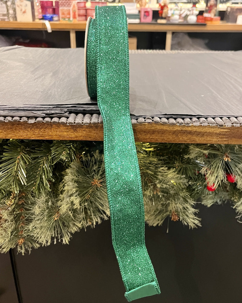 GREEN GLITTER 1.5 INCH WIRE EDGE RIBBON ROM084