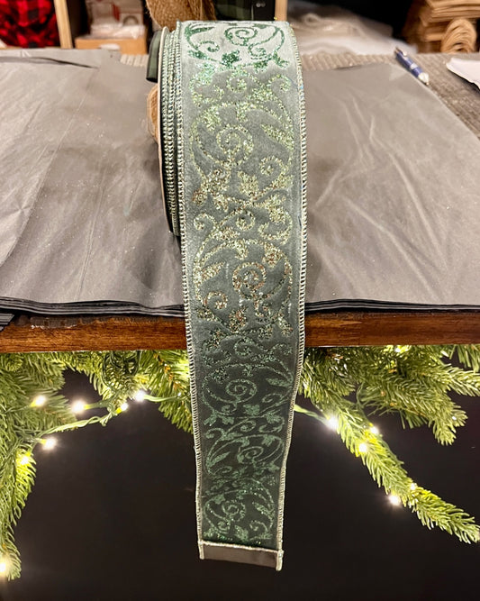 64MM SAGE PAISLEY GLITTER RIBBON ROM009