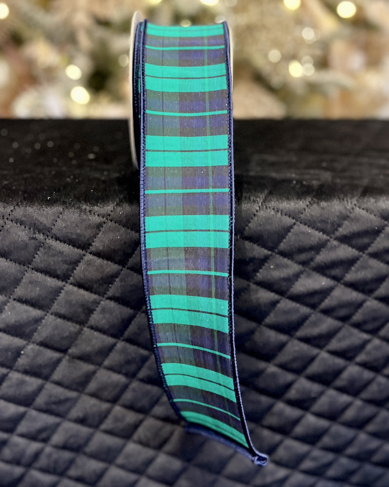 NAVY GREEN BLACKWATCH PLAID 2.5 INCH WIRE EDGED RIBBON ROM071