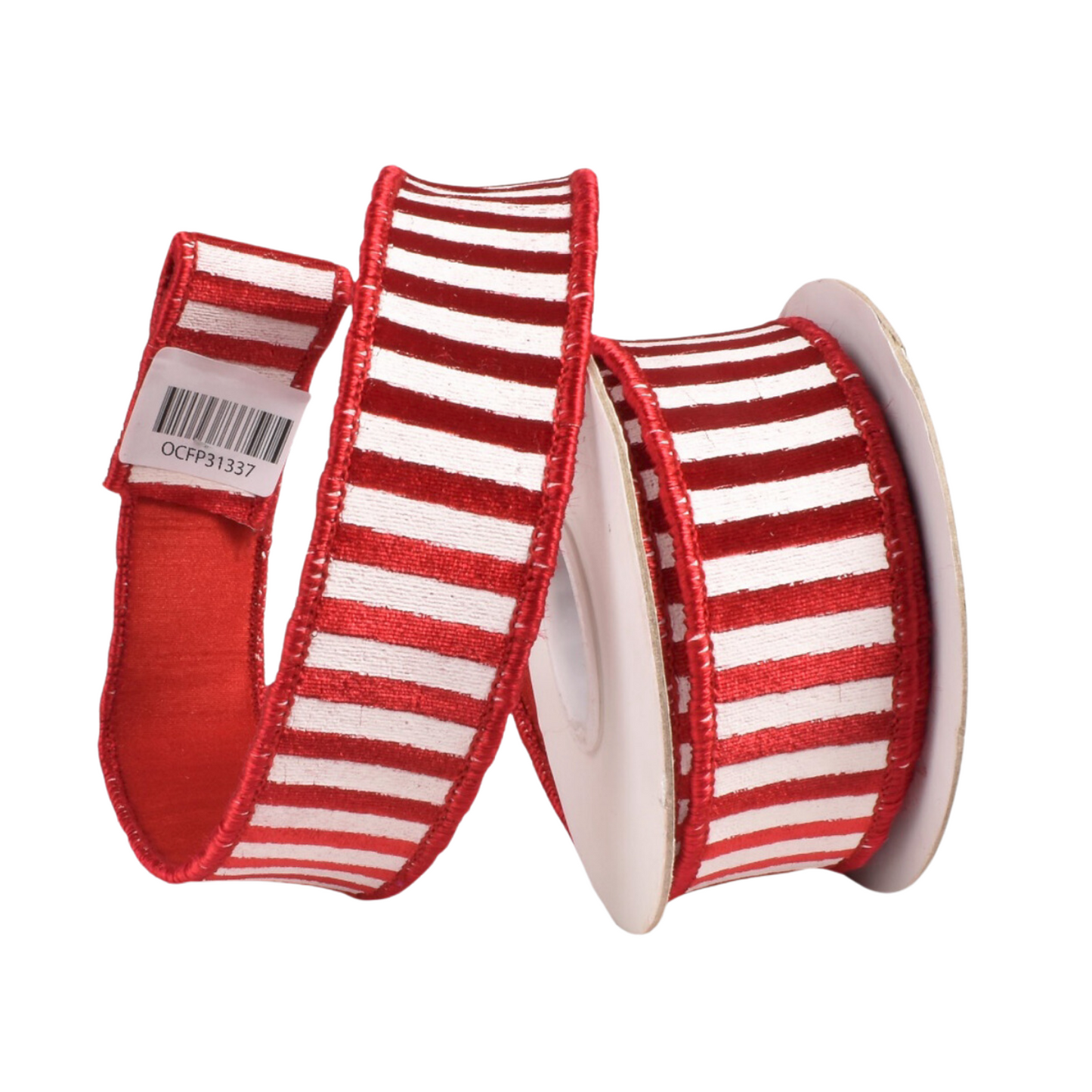 RED WHITE STRIPE 1.5 INCH WIRE EDGED RIBBON ROM036