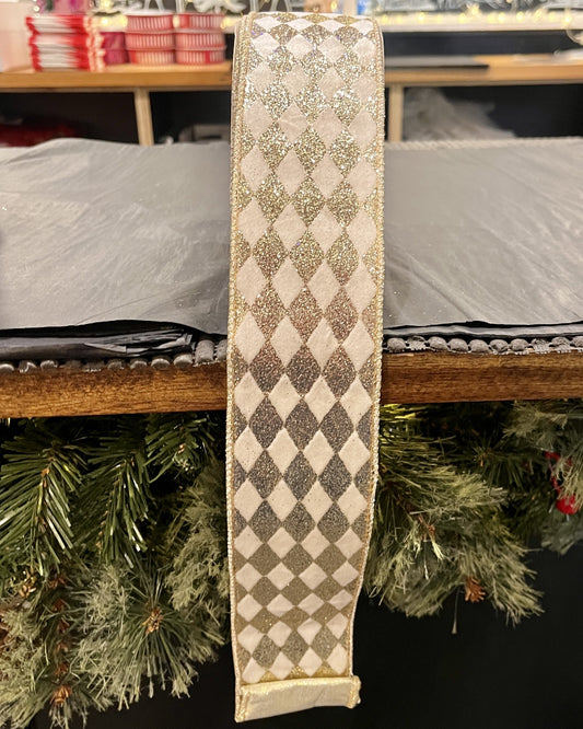 WHITE VELVET HARLEQUIN GOLD GLITTER 2.5INCH WIRE EDGED RIBBON ROM001