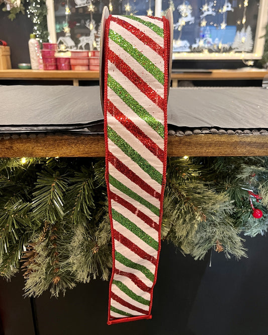 RED GREEN WHITE DIAGONAL STRIPED 2.5 INCH RIBBON ROM031