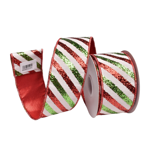 RED GREEN WHITE DIAGONAL STRIPED 2.5 INCH RIBBON ROM031