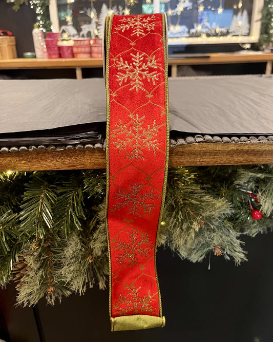 RED VELOUR WITH GOLD SNOWFLAKE PRINT 2.5 INCH RIBBON ROM052