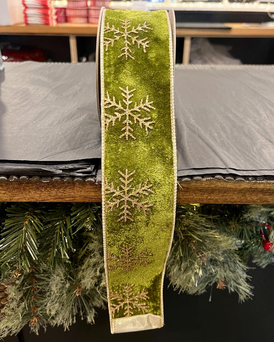 OLIVE GREEN WITH GOLD SNOWFLAKE 2.5 INCH WIRE EDGED RIBBON ROM021