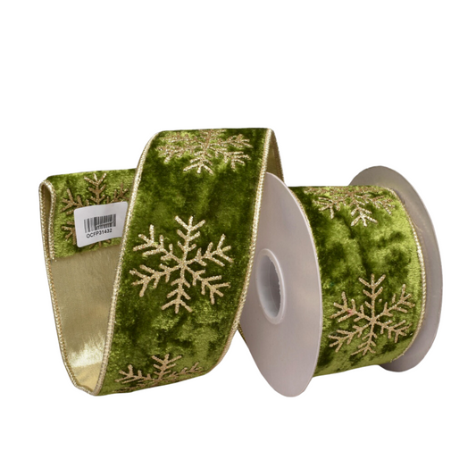 OLIVE GREEN WITH GOLD SNOWFLAKE 2.5 INCH WIRE EDGED RIBBON ROM021
