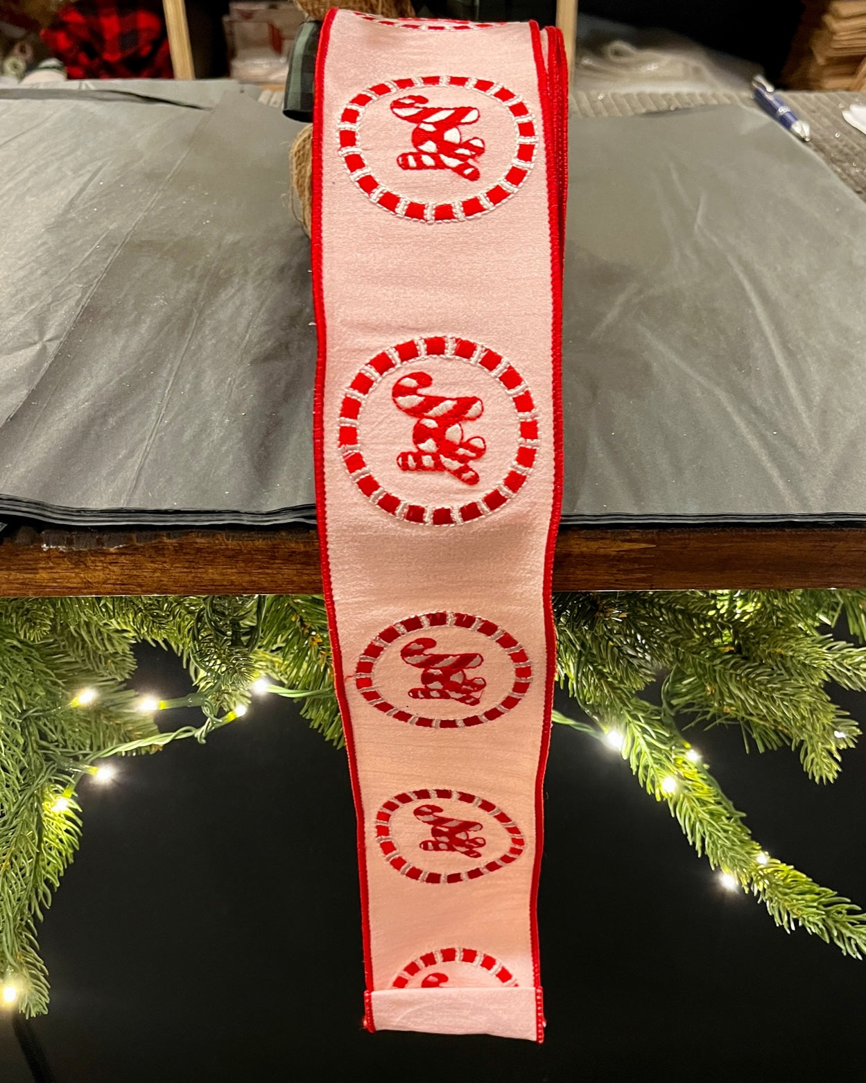Joy Ribbon 64mm Pink With Red/White Stitch Joy Ribbon ROM063 – Making Spirits Bright