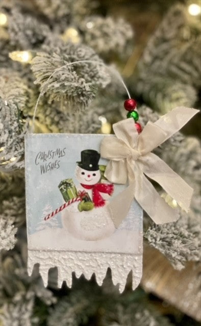 RETRO SNOWMAN POSTCARD ORNAMENT CHRISTMAS WISHES