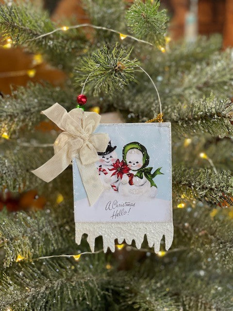 RETRO SNOWMAN POSTCARD ORNAMENT A CHRISTMAS HELLO