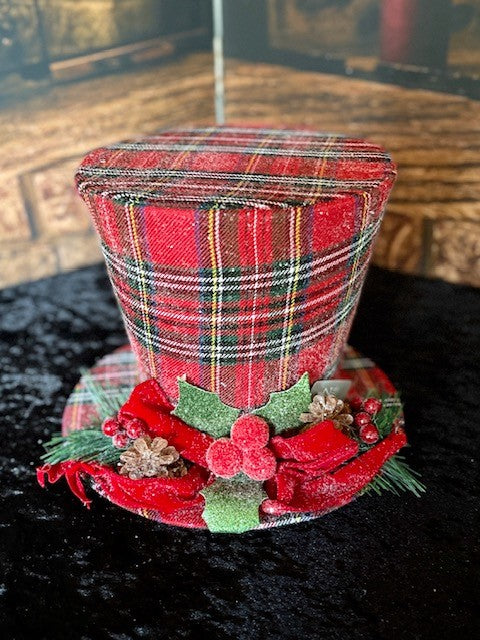 11.25" RED PLAID TOP HAT WITH BOW 4116284