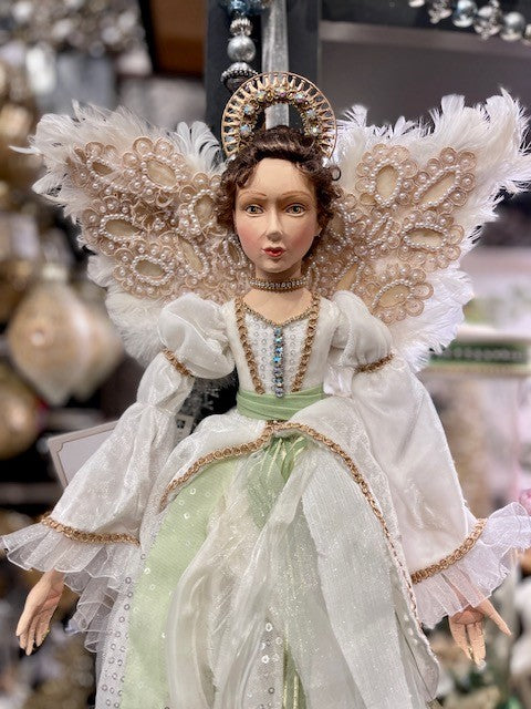 EVERGREEN LANE -22" POSABLE ANGEL PALE GREEN RIBBON