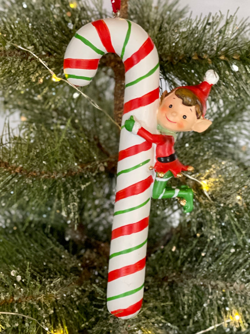 ELF ON CANDY CANE RIGHT HANGING ORNAMENT - JTE090